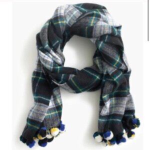 J. Crew Wool Tartan Plaid Pom Pom Scarf